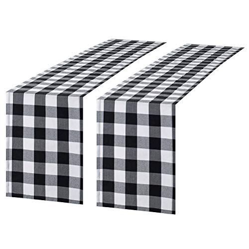 Product Cover Syntus 2 Pack 14 x 108 inch Buffalo Check Table Runner Cotton-Polyester Blend Handmade Black and White Plaid for Family Dinner, Outdoor or Indoor Parties, Thanksgiving, Christmas & Gathering