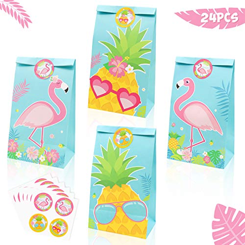 Product Cover 24 Pack Flamingo Party Goodie Bags Pineapple Candy Treat Bags with Thank You Stickers for kids Flamingo Birthday Party Supplies Hawaiian Luau Tropical Baby Shower Summer Decorations