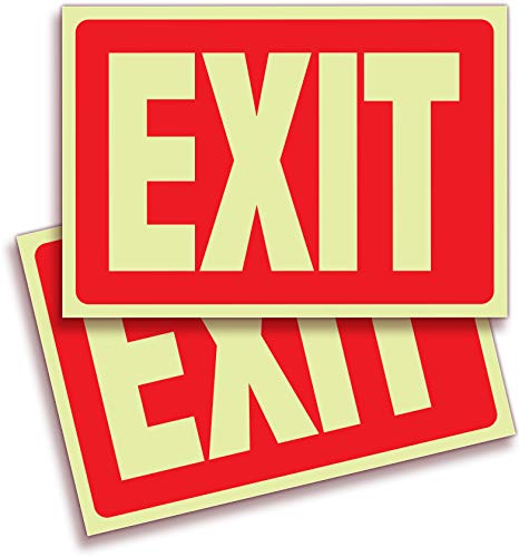 Product Cover Exit Photoluminescent Signs Stickers - 2 Pack 10x7 Inch - Premium Self-Adhesive Glow in The Dark Vinyl, Laminated for Ultimate UV, Weather, Scratch, Water and Fade Resistance, Indoor & Outdoor
