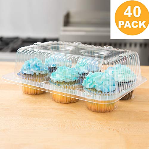 Product Cover 40 Cupcake Containers Plastic Disposable | High Dome Cupcake Boxes 6 Compartment Cupcake Holders Disposable Cupcake Carrier | Half Dozen Cupcake Trays | Durable Cup Cake Muffin Packaging Transporter