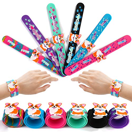 Product Cover FROG SAC 6 Corgi Slap Bracelets for Kids, Girls and Boys - Corgi Theme Birthday Party Favors and Supplies - Cute Dog Charm Silicone Snap Bracelet Set - Holiday Stuffers, Goodie Bag Fillers