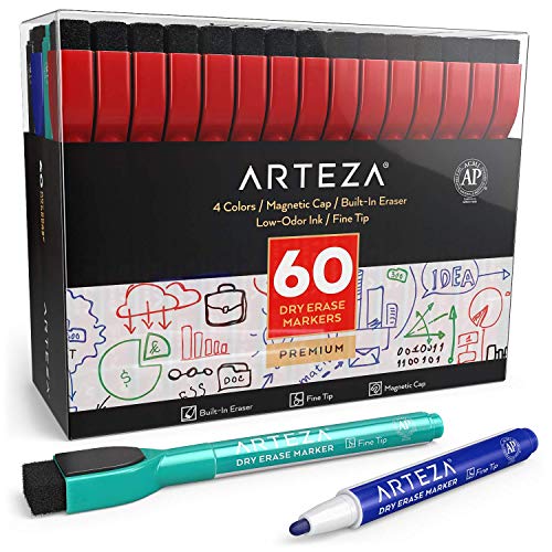 Product Cover ARTEZA Magnetic Dry Erase Markers with Eraser, Pack of 60 (with Fine Tip), 4 Assorted Colors with Low-Odor Ink, Whiteboard Pens is perfect for School, Office, or Home