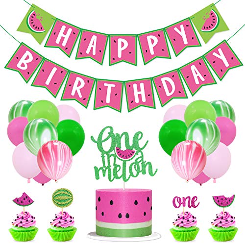 Product Cover Watermelon Birthday Party Supplies One in a Melon Cake Topper Watermelon Cupcake Toppers Melon Balloons and Happy Birthday Banner for Summer Fruit Themed 1st Birthday Party