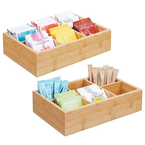 Product Cover mDesign Bamboo Wood Compact Tea & Food Storage Organizer Bin Box - 6 Divided Sections - Holder for Tea Bags, Coffee, Packets, Sugar/Sweeteners and Small Packets, 2 Pack - Natural