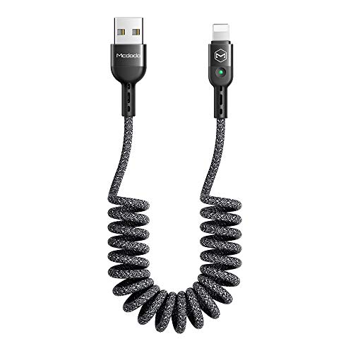 Product Cover Anti Winding Cable, Mcdodo LED Coiled Cord Nylon Braided Sync Charge USB Data 6FT/1.8M Cable Compatible New Phone List Below (Gray, 6FT/1.8M)
