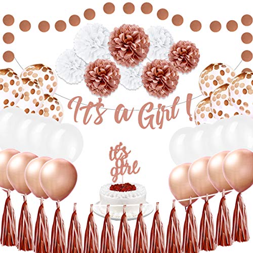 Product Cover EpiqueOne Baby Shower Decorations for Girl - It's A Girl Princess Party Decoration Kit - 52-Piece Complete Set - Rose Gold - Includes Large Banner and Rose Gold Tassels