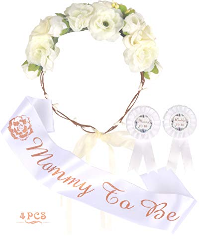 Product Cover Mother to Be Flower Crown White Set, Mommy to be Sash and Pin, Dad to Be Pin, White Baby Shower Party Favors Decorations Gift for Girl