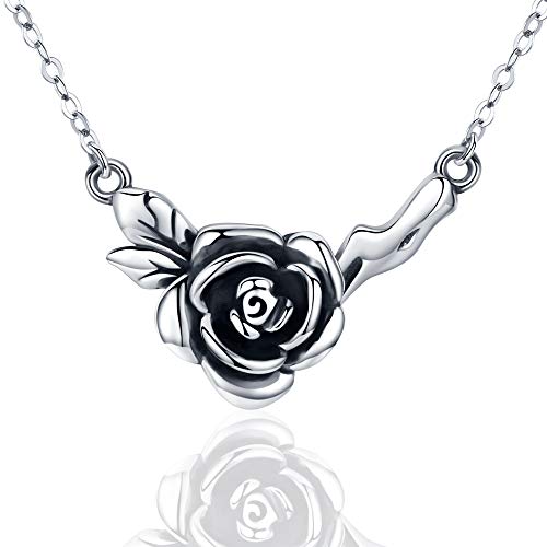 Product Cover JUSTKIDSTOY 925 Sterling Silver Rose Flower Pendant Necklace, Vintage Oxidized Rose Flower Necklace, Elegant Black Rose Flower Jewelry Gift for Women Ladies Girlfriend Sister,18