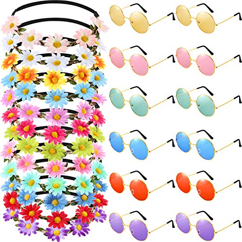 Product Cover Bememo 24 Pieces Hippie Headband Glass Costume Set, Includes 12 Pieces Multicolor Lady Girl Flower Headbands, 12 Pieces Round Hippie Sunglasses for Festival Party
