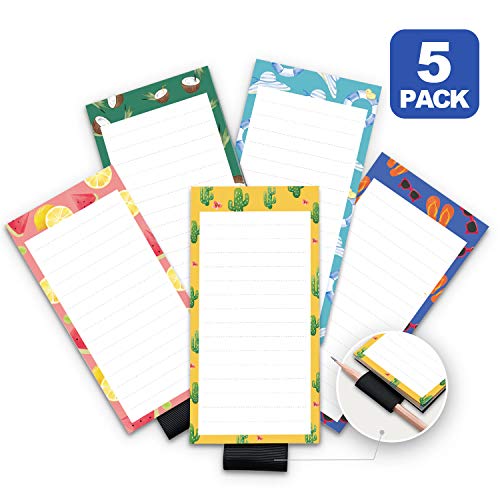 Product Cover 5 Pack Magnetic Notepads for Fridge with Pen Holder, Full Magnet Back Notepad, To Do List, Grocery Shopping, Summer Theme, 6