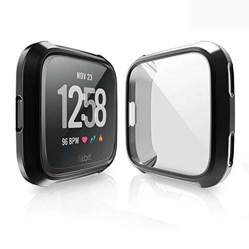 Product Cover TASLAR TPU Soft Full Screen Guard Protector All-Around Protective Case Clear Cover Bumper Accessories Compatible with Fitbit Versa Lite Edition Smart Watch (Black)