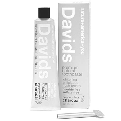 Product Cover Davids Natural Charcoal Toothpaste, Peppermint, Whitening, Antiplaque, Fluoride Free, SLS Free, 5.25 OZ, Metal Tube, Tube Roller Included