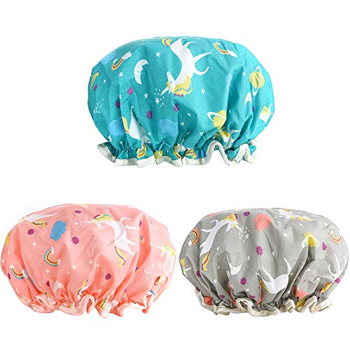 Product Cover Shower Caps, 3 PACK Bath Cap for Women Waterproof & Adjustable Double Layered Shower Cap (Multi-colored6)