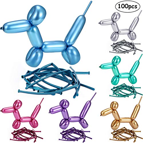 Product Cover 100 Pieces Metallic Twisting Balloons Chorme Long Balloons Multi Colored Chrome Latex Balloons Magic Twisting Metallic Modeling Balloons for Party Decorations
