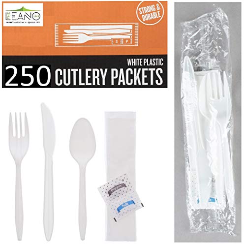 Product Cover 250 Plastic Cutlery Packets - Knife Fork Spoon Napkin Salt Pepper Sets | White Plastic Silverware Sets Individually Wrapped Cutlery Kits, Bulk Plastic Utensil Cutlery Set Disposable To Go Silverware