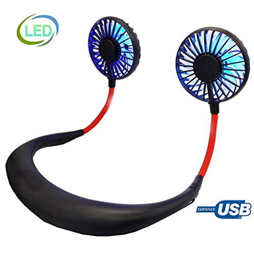 Product Cover Hand Free USB Personal Fan, Portable USB Rechargeable Dual Fan Mini Headphone Design Neckband Fan LED Light, 3 Speeds, Quiet, Wind Head Fan for Sports, Traveling and Office (Black Red)