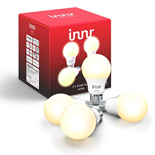 Product Cover Innr Smart Bulb White A19, Works with Philips Hue, SmartThings, Alexa, Google Home (Hub Required), Dimmable Warm White LED Light Bulb, 60W Equivalent, AE 260 (4-Pack)