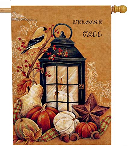Product Cover Dyrenson Welcome Fall Orioles Bird 28 x 40 House Flag Quote Double Sided, Autumn Harvest Pumpkin Primitive Garden Yard Decoration, Seasonal Outdoor Décor Decorative Large Flag Vintage Candle Light