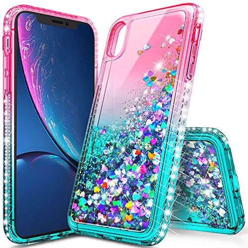 Product Cover iPhone XR Case, iPhone XR Case for Girls Woman, lovemecase Glitter Liquid Quicksand Bling Sparkle Flowing Sparkle Shiny Diamond Girls Protective Phone Case(Gradient Pink/Aqua)