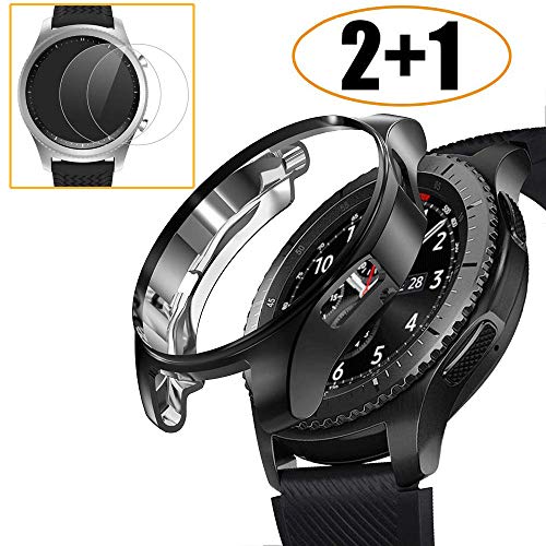 Product Cover [2+1 Pack] Compatible Samsung Galaxy Watch 46mm/ Gear S3 Case Cover with Screen Protector, Soft TPU Plated Protective Bumper Shell + Tempered Glass Screen Protector Film for Gear S3 Frontier/Classic