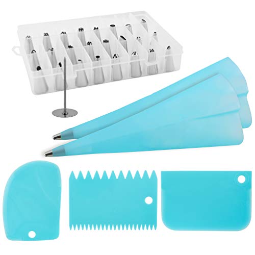Product Cover 32 Piece Cake Decorating Kit - Stainless Steel Baking Supplies, Icing and Piping Tips and Bags, Scrapers, Couplers, Stud - Convenient Storage Box Included - Easy to Use and Dishwasher Safe
