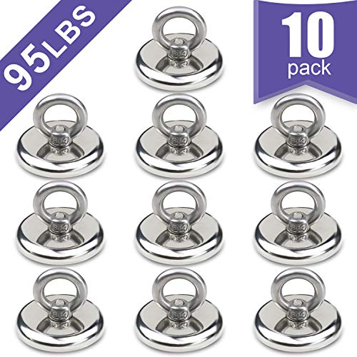 Product Cover 10 Pack of Super Strong Neodymium Fishing Magnets,Pulling Force Rare Earth Magnet with Countersunk Hole Eyebolt Diameter 1.26 INCH(32mm) for Retrieving in River and Magnetic Fishing