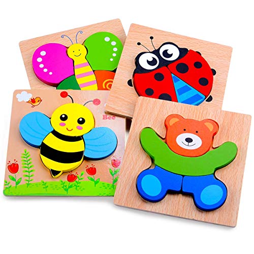 Product Cover MAGIFIRE Wooden Animal Jigsaw Puzzles for Toddlers 1 2 3 Years Old,Boys&Girls Educational Toys Gift with 4 Animals Patterns,Bright Vibrant Color Shapes