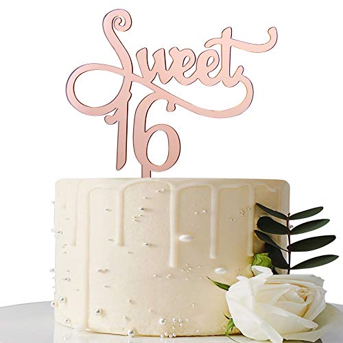Product Cover Mirror Rose Gold Sweet 16 Cake Topper - 16th Birthday Cake Topper - Girl's 16th Birthday Party Decorations Supplies