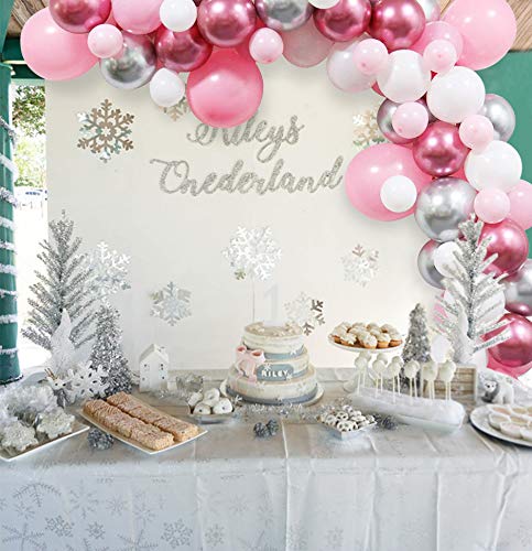 Product Cover 85 Pcs DIY Balloons Garland Set with Latex Pink Shiny Metallic Silver Red Balloons, Winter Wonderland Party Decorations for Baby Shower, 1st Birthday or Baby Its Cold Outside Decorations