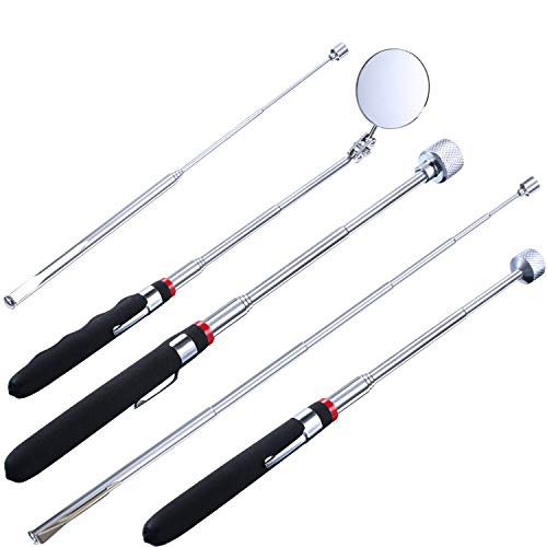 Product Cover 5 Pieces Magnetic Pick-up Grabber Tool including 15 lb/ 10 lb/ 3 lb/ 1 lb Pick-up Rod and Round Inspection Mirror, Telescoping Handle 360 Swivel for Extra Viewing Pickup Dead Angle