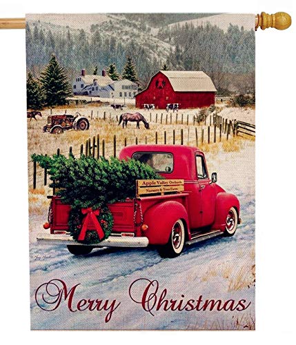 Product Cover Dyrenson Merry Christmas 28 x 40 House Flag Red Truck Double Sided, Xmas Farmhouse Quote Burlap Garden Yard Decoration, Rustic Winter Vintage Seasonal Outdoor Décor Decorative Large Flag for Holiday