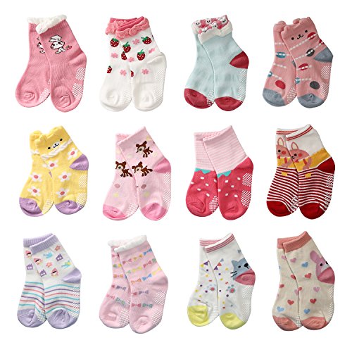 Product Cover LAISOR 12 Pairs Assorted Non-Skid Ankle Cotton Socks with Grip For Kids Toddlers Baby Girls