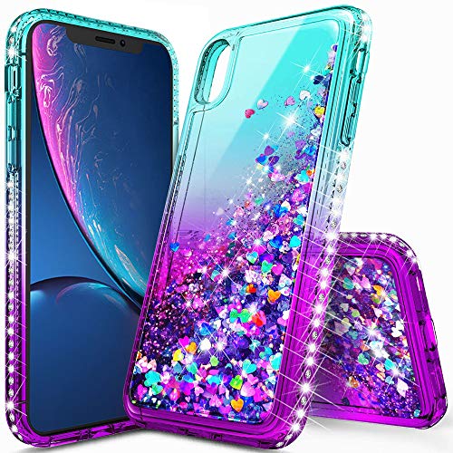 Product Cover iPhone XR Case, iPhone XR Case for Girls Woman, lovemecase Glitter Liquid Quicksand Bling Sparkle Flowing Sparkle Shiny Diamond Girls Protective Phone Case(Gradient Aqua/Purple)
