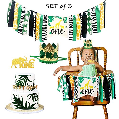 Product Cover Wild One Safari Zoo Animal 1st Birthday Decoration - HighChair Banner,Glitter Crown Hat,Cake Topper for Baby Girls Boys Tropical Party Decorations Photo Prop Cake Smash Supplies (Set of 3)