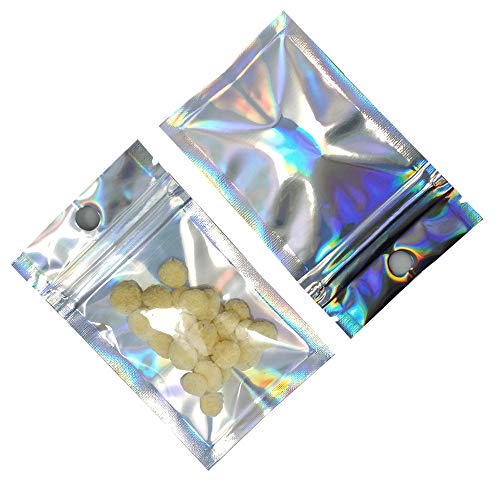 Product Cover 200 Pcs Clear Mylar Ziplock Bags with Hang Hole Resealable Smell Proof Pouch Holographic Rainbow Color Aluminum Foil Bags FDA Approved Food Safe Bags Cosmetic Sample Packet (6x10cm (2.3x3.9 inches))