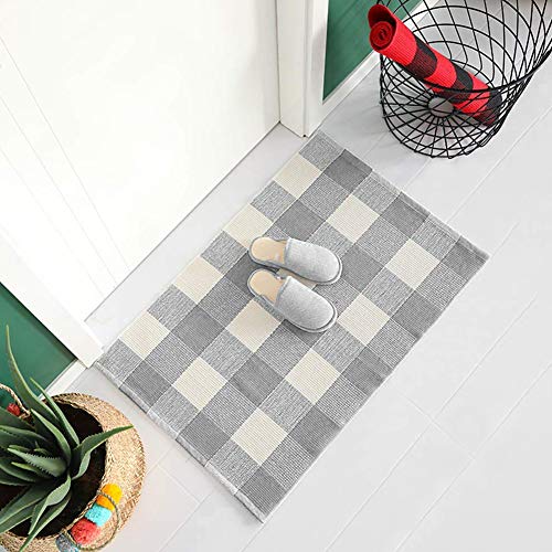 Product Cover Plaid Cotton Woven Rug - Gray and White Area Rug Runner | Buffalo Check Door Mat | Rug for Kitchen Entryway Doorway Laundry Entrance Way | Washable Floor Porch Carpet 2'x3'