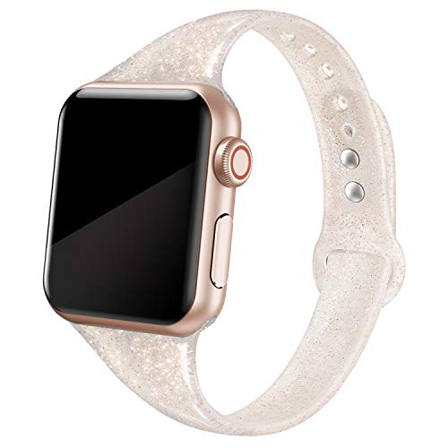 Product Cover SWEES Sport Band Compatible with Apple Watch 38mm 40mm 42mm 44mm, Shiny Bling Glitter Soft Slim Thin Narrow Small Replacement Silicone Strap Compatible for iWatch Series 5/4/3/2/1, Sport Edition Women