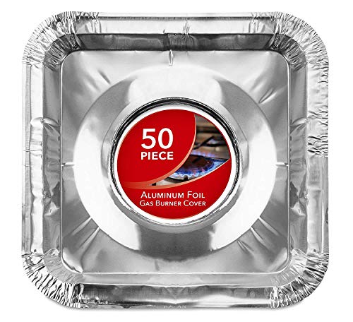 Product Cover Gas Burner Liners (50 Pack) Disposable Aluminum Foil Square Stove Burner Covers - 8.5 Inch Gas Range Protector Bibs Keep Stove Clean - Foil Liners to Catch Oil, Grease and Food Spills