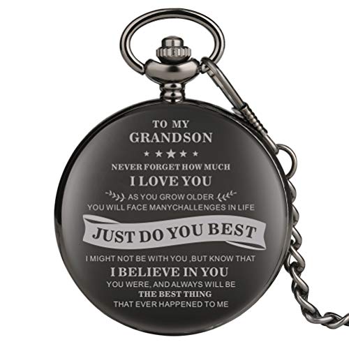 Product Cover Special to My Grandson Series Pocket Watch for Teens, Classic Black Pocket Watches for Grandson, Classic Alloy Thick Link Chain Pendant Watch for Male