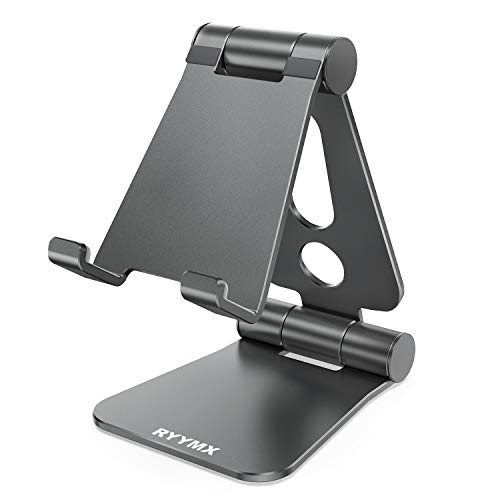 Product Cover Cell Phone Stand for Desk - RYYMX Phone Holder for Desk Adjustable : Desk Phone Stand Compatible with iPhone Xs Max Xr X 8 7 6 6s Plus SE 5s, All Android Smartphone, Switch, Kindle Accessories - Gray