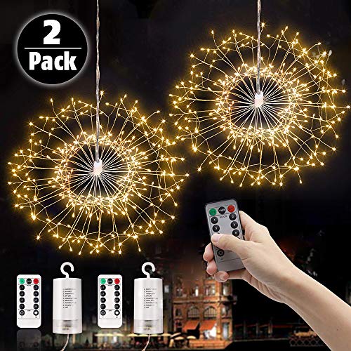 Product Cover LAMHO 2 Pack Firework Lights, 150 LED Fairy String Lights, Battery Operated Hanging Starburst Light, 8 Modes Dimmable with Remote Control Waterproof Copper Wire Lights for Home, Parties (Warm White)