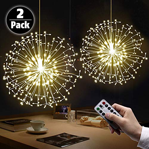 Product Cover LAMHO 2 Pack Fairy String Lights, 198 LED Dandelion Firework Lights, Battery Operated Hanging Starburst Light, 8 Modes Dimmable with Remote Control Waterproof Copper Wire Lights for Home (Warm White)