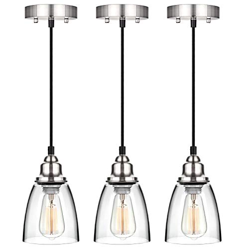 Product Cover Industrial Mini Pendant Lighting, Clear Glass Shade Hanging Light Fixture, Brushed Nickel, Adjustable Vintage Edison Farmhouse Lamp for Kitchen Island, Restaurants, Hotels and Shops, 3-Pack