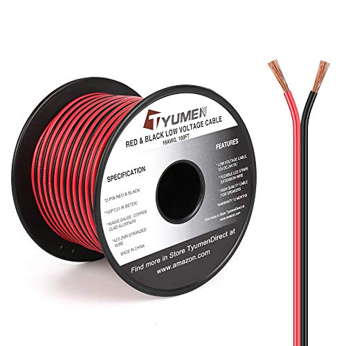 Product Cover TYUMEN 100FT 16 Gauge 2pin 2 Color Red Black Cable Hookup Electrical Wire LED Strips Extension Wire 12V/24V DC Cable, 16AWG Flexible Wire Extension Cord for LED Ribbon Lamp Tape Lighting