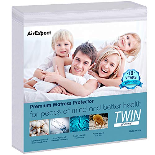 Product Cover AirExpect Waterproof Mattress Protector Twin Size - AirExpect 100% Organic Cotton Hypoallergenic Breathable Mattress Pad Cover,18