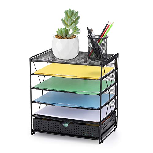 Product Cover CAXXA 5 Mesh Letter and FileTrays Desktop Document Organizer with Sliding Storage Drawer and 2 Adjustable Dividers, Black