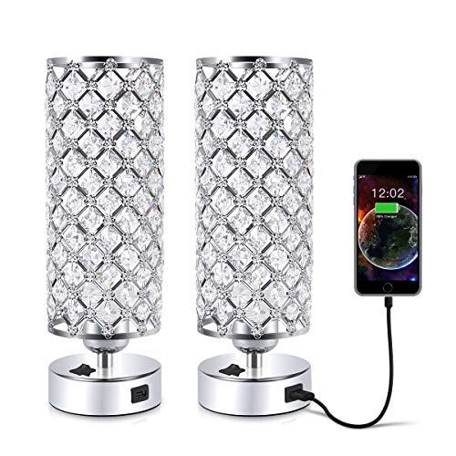 Product Cover Crystal Table Desk Lamp with USB Port, Acaxin Elegant Bedside Light with Crystal Shade, Glam Lamps for Bedrooms, Decorative Lamp, Nightstand Lamp for Bedroom/Living Room/Dressing Room (Set of Two)