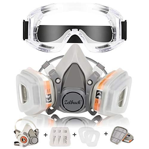 Product Cover Respirator Mask Zelbuck Half Facepiece Gas Mask with Safety Glasses Reusable Professional Breathing Protection Against Dust, Organic Vapors, Pollen and Chemicals - Perfect for Painter and DIY Projects