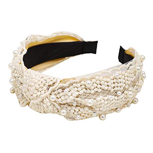 Product Cover lightclub Candy Color Colorful Summer Wide Band Hairband Headband Sweet Women Headwear Faux Pearl Inlaid Twist Knotted Lace Hair Hoop Headband Beige