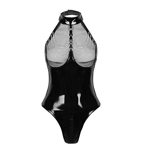 Product Cover winying Womens One Piece Shiny Metallic PVC Leather Halter Neck Zipper Crotch Leotard Bodysuit